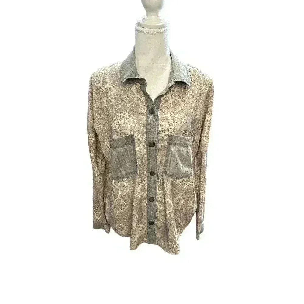 Free People Satin Paisley Button Up Blouse Denim Accents Size Small